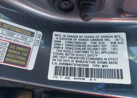 2015 Honda Cr-V Ex-L from USA, damaged, VIN 2HKRM4H73FH655690